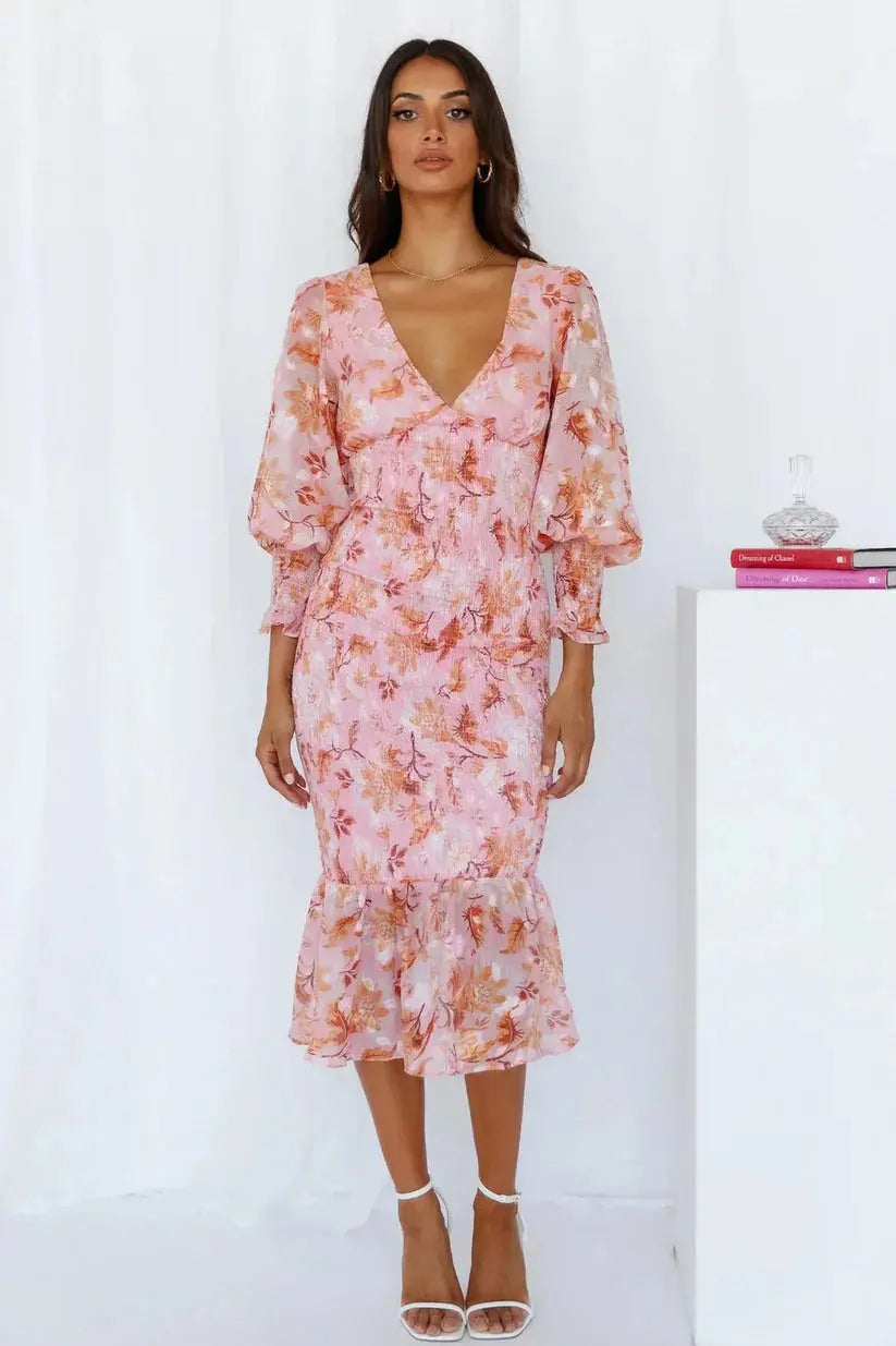 Tailliertes Transparentärmel Rüschen Saum Midikleid für Damen