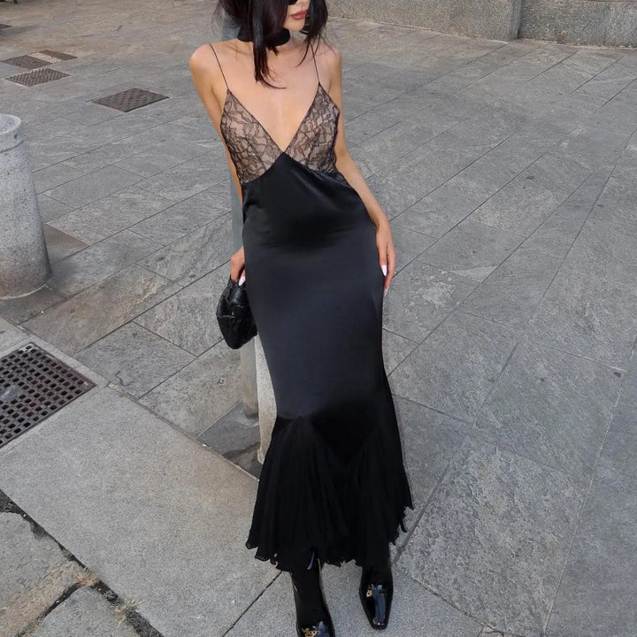 Maxikleid mit Tiefem Ausschnitt und Transparentem Spitzen Detail Für Damen
