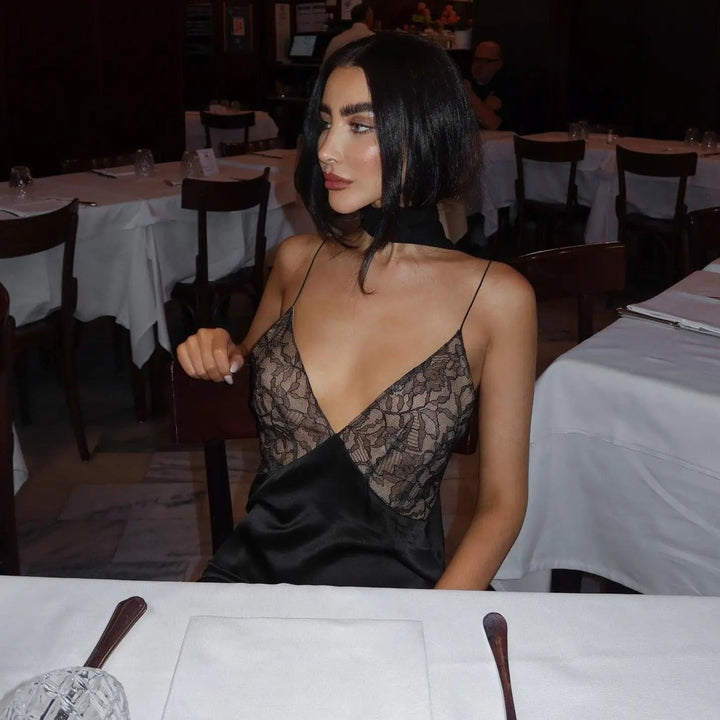 Maxikleid mit Tiefem Ausschnitt und Transparentem Spitzen Detail Für Damen