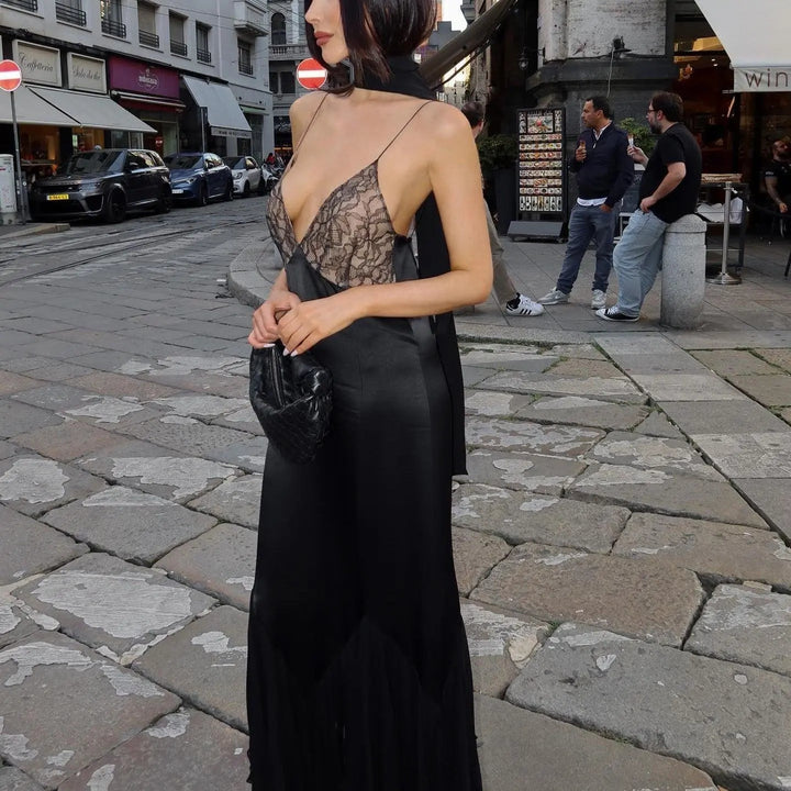 Maxikleid mit Tiefem Ausschnitt und Transparentem Spitzen Detail Für Damen