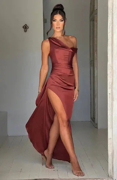 Ein Schulter Drapierte Taille Hoher Schlitz Maxikleid für Damen