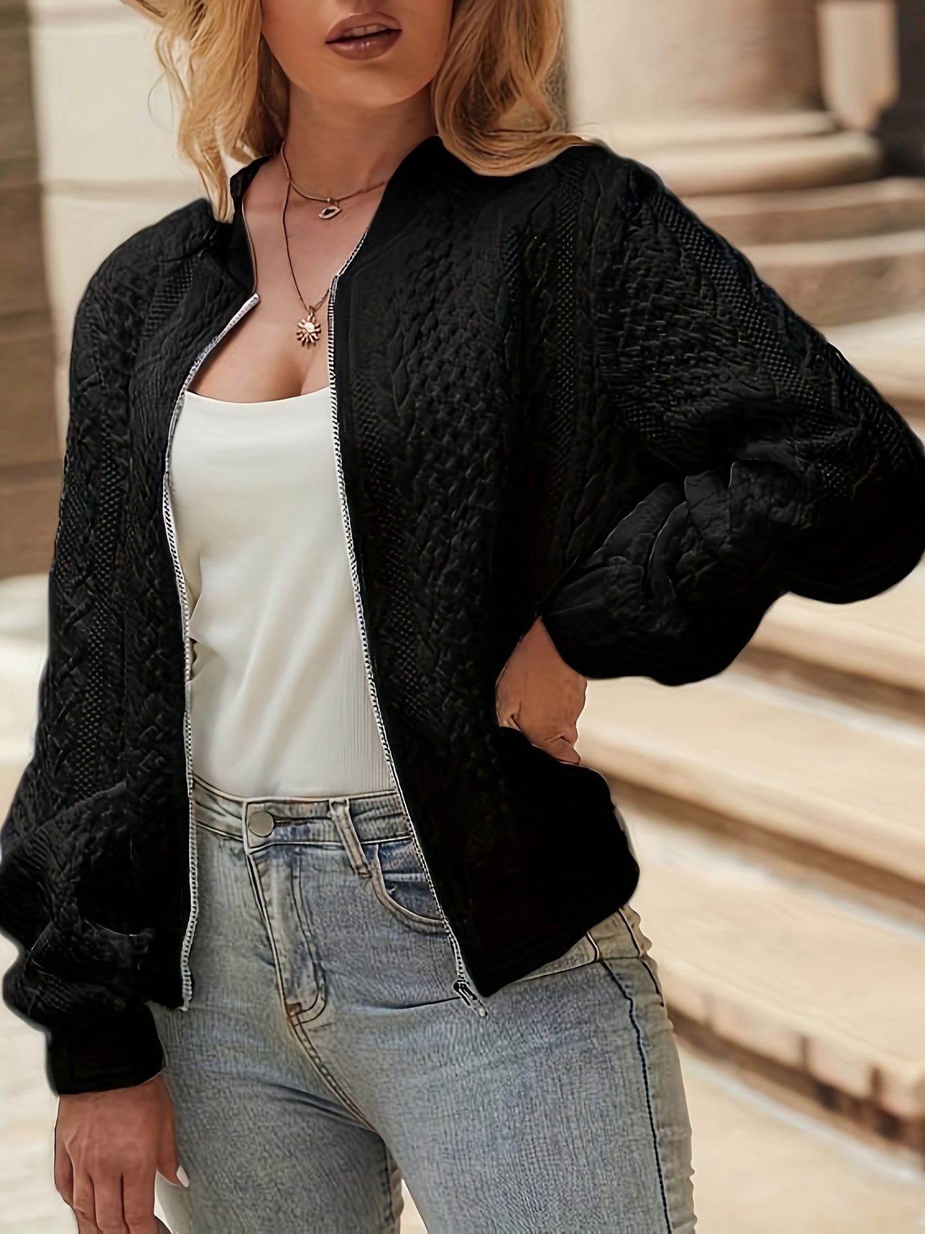 Gestrickte Winter Bomberjacke Stilvolles Strukturiertes Zip-Up Damen