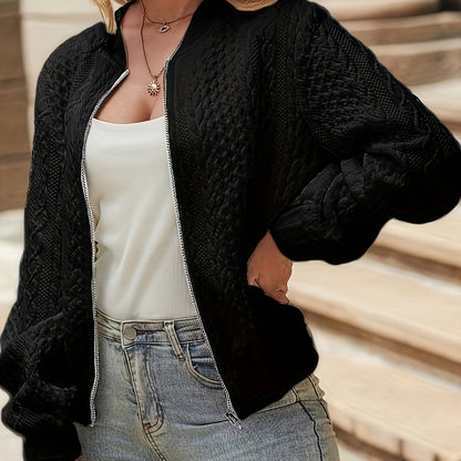 Gestrickte Winter Bomberjacke Stilvolles Strukturiertes Zip-Up Damen