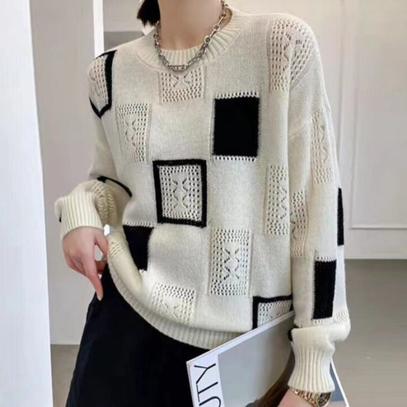 Moderner Strickpullover mit Blockmuster Winter Damen