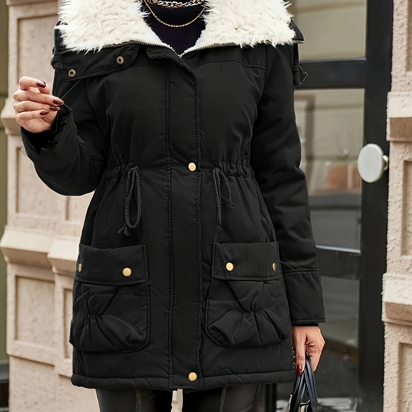 Parka Jacke mit Kapuze und Kunstfell für Winter Damen