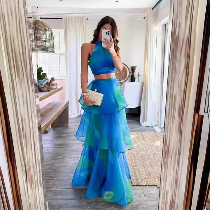 Damen Kleid Mit Ärmellos Halterneck Und Gestuftem Rock